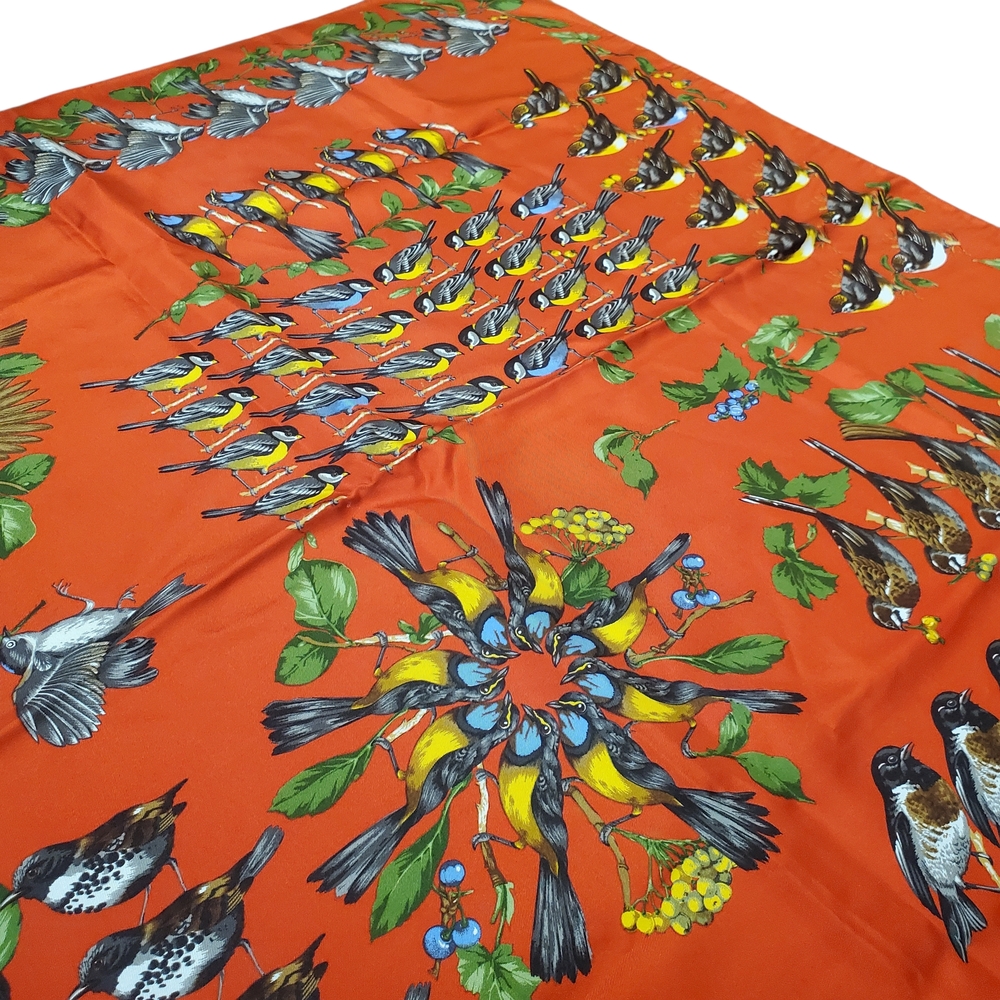 100% Silk Bird Print Scarf. 34" x 34". Orangish Red w/ Multicolor Birds - Picture 2 of 13